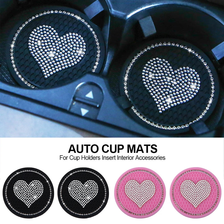 2PCS Heart-Shaped Diamond Car Cup Holder Mats