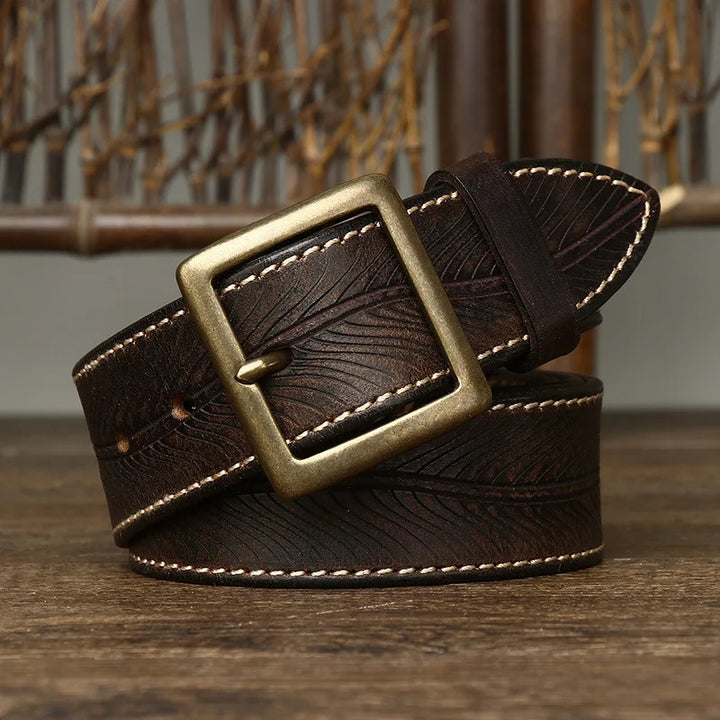 3.8CM Vintage Printed Leather Belt – Copper Buckle Cowhide Strap for Men’s Jeans