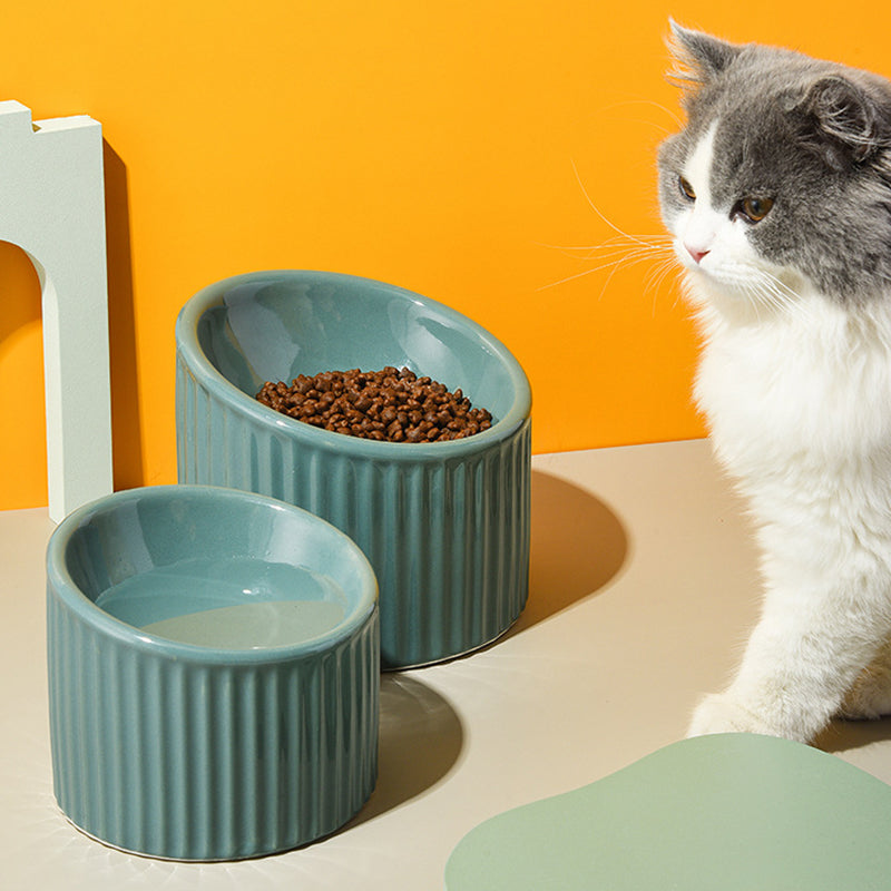 elevated striped ceramic pet bowl, view 10 - MRSLM