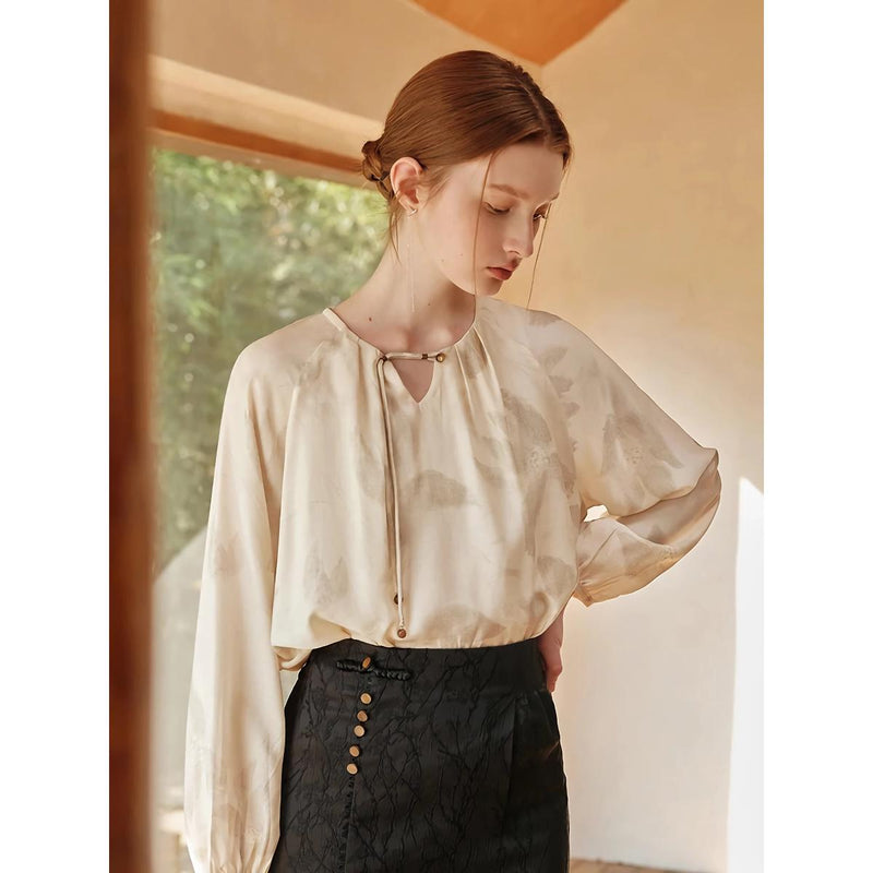 Beige floral print chiffon blouse, view 3 - MRSLM