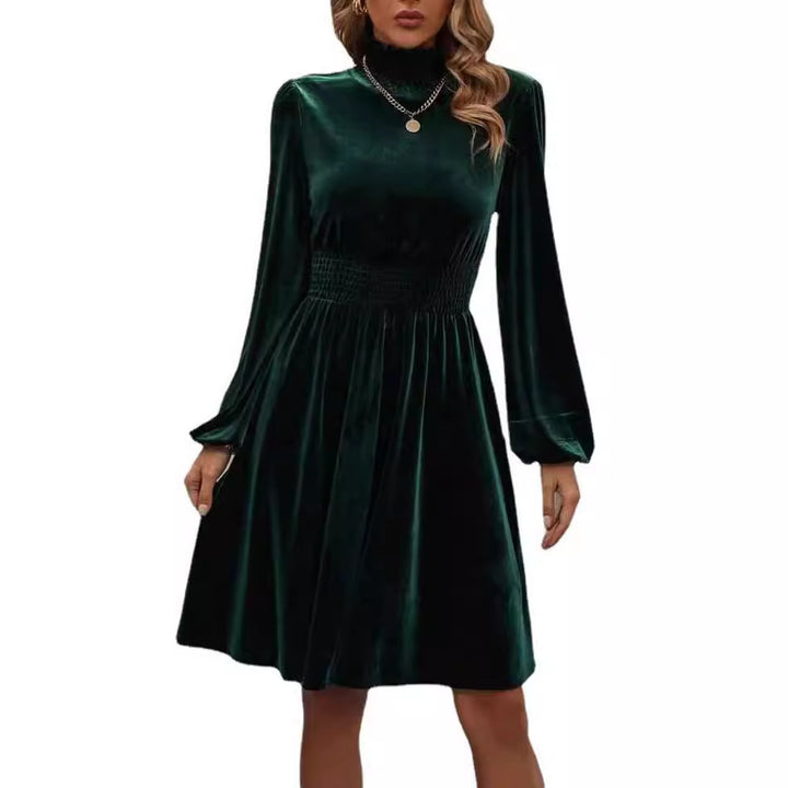 Graceful Stand Collar Solid Color Velvet Long Sleeve Dress