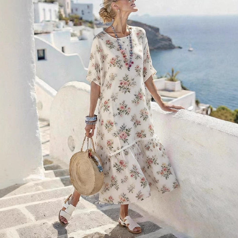 digital-print pleated maxi dress, view 2 - MRSLM