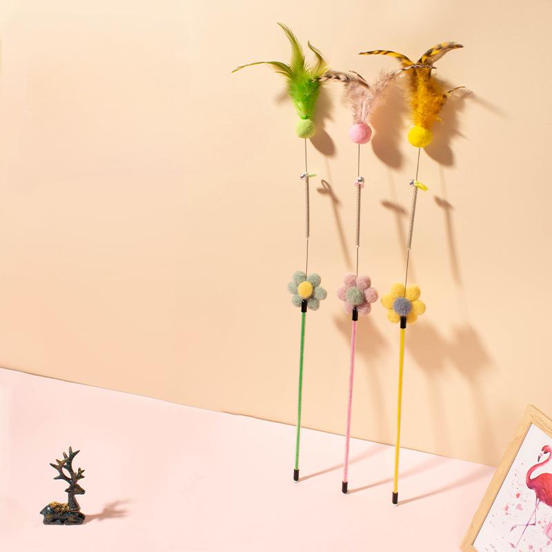 cat teaser toy with furry ball, feathers and bell, view 5 - MRSLM