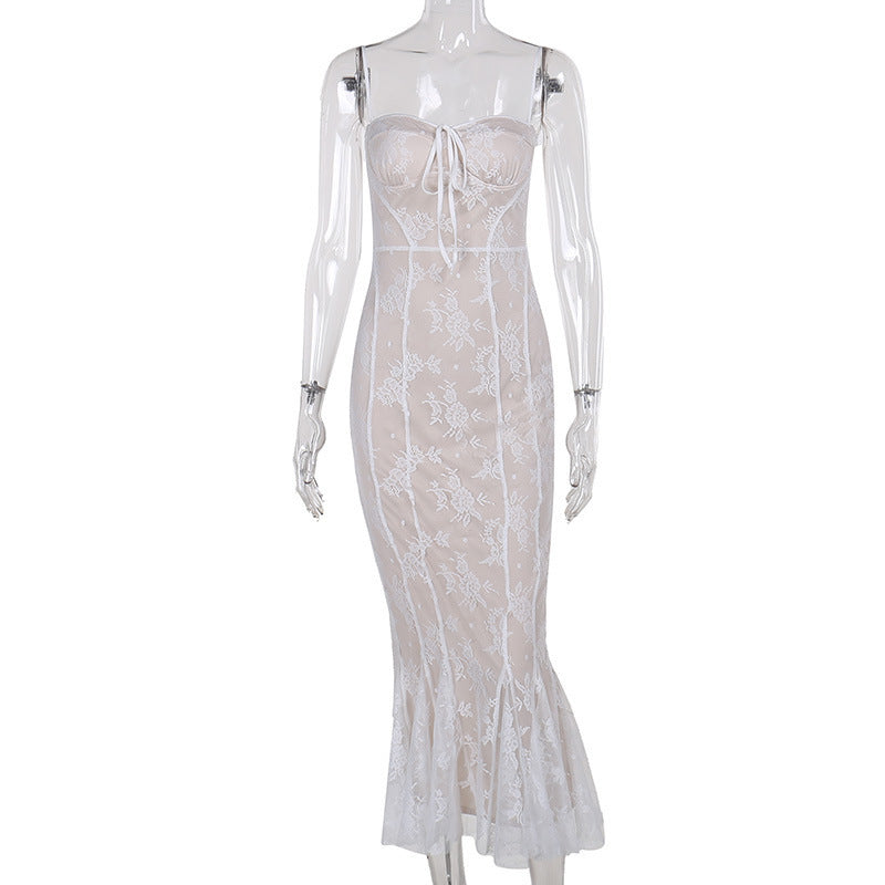Lace strap fishtail long dress, view 7 - MRSLM