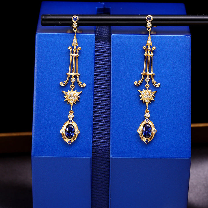Silver French Court Starburst Blue Zirconium Earrings For Women