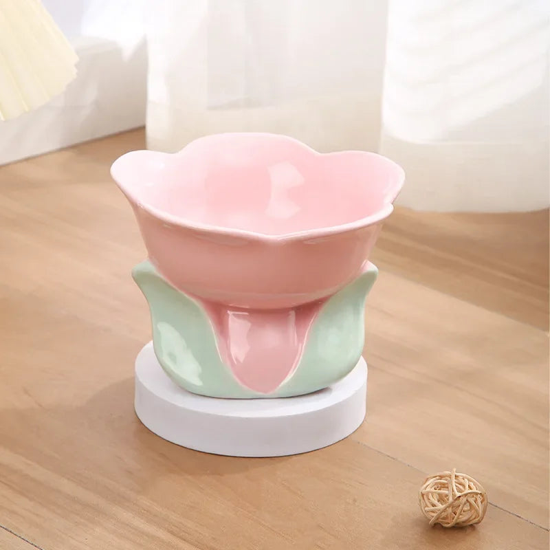 flower shaped elevated ceramic cat bowl, view 3 - MRSLM