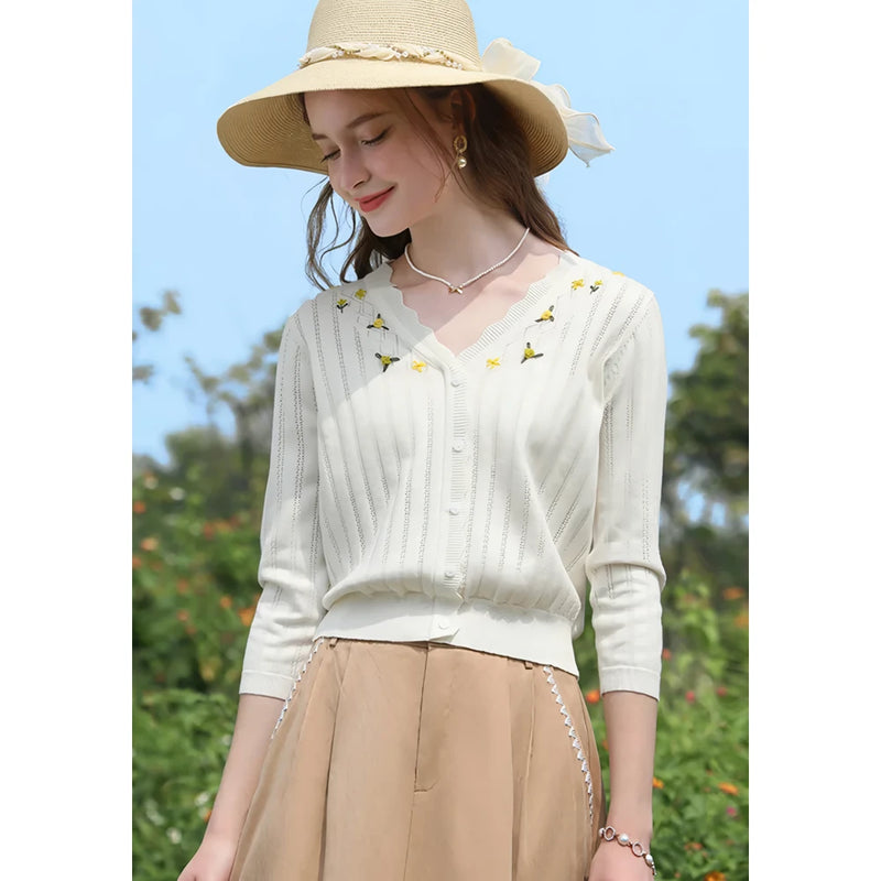 vintage V-neck embroidered knit sweater, view 3 - MRSLM