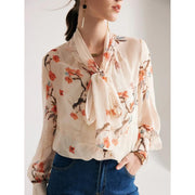 floral silk blend bow collar blouse, view 5 - MRSLM