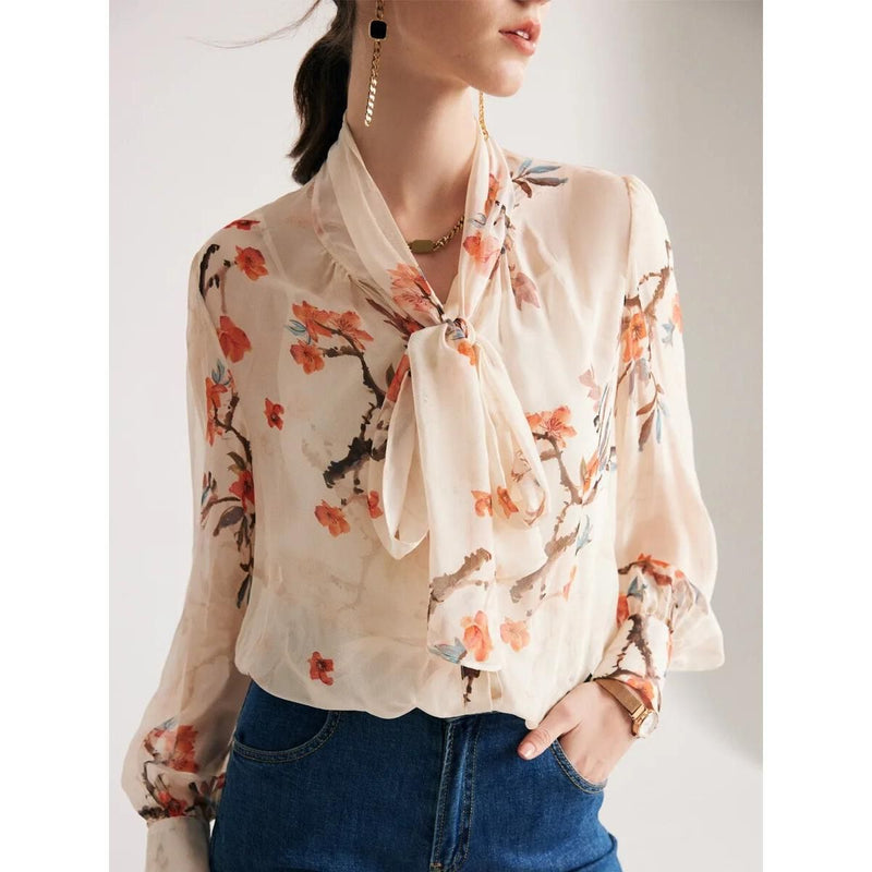 floral silk blend bow collar blouse, view 5 - MRSLM