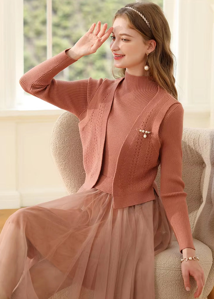 knitted turtleneck A-line dress, view 4 - MRSLM