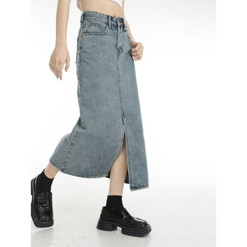 vintage blue denim midi skirt, view 7 - MRSLM