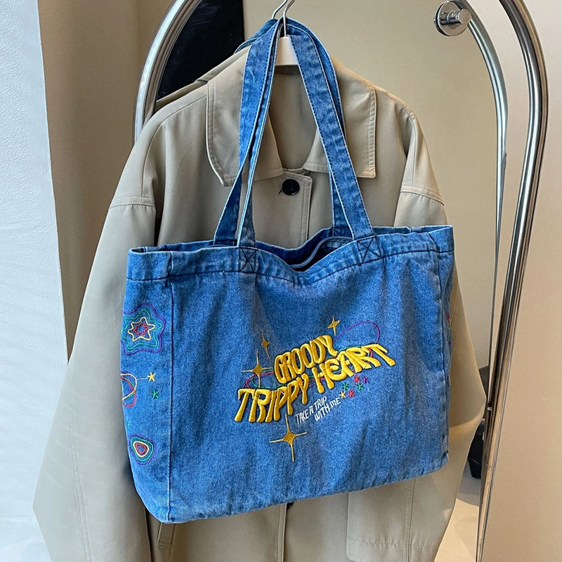 embroidered denim shoulder bag, view 5 - MRSLM