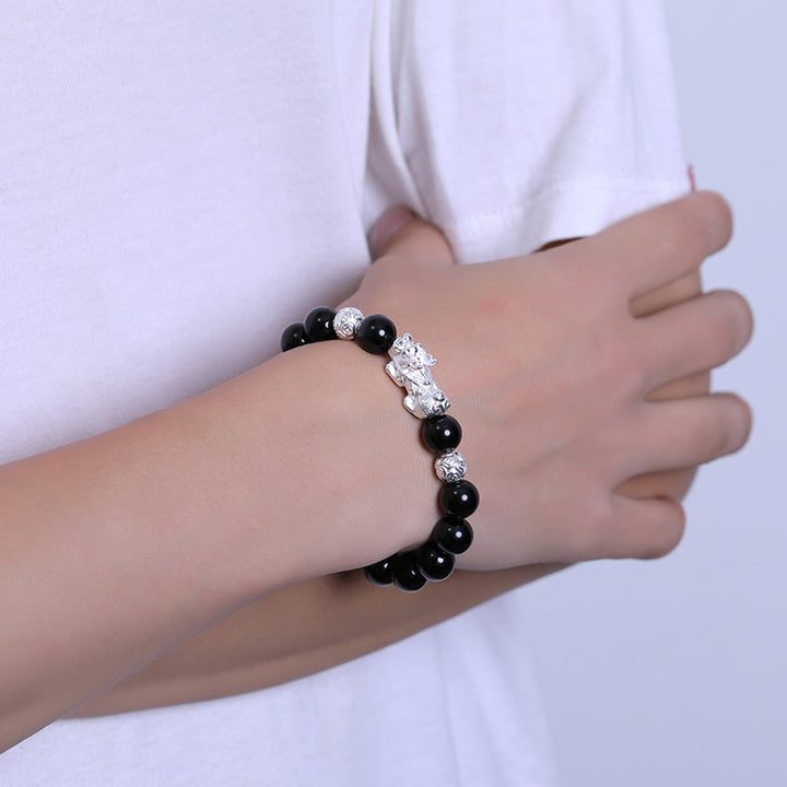 S925 Sterling Silver Obsidian Pixiu Bracelet Plain Silver Versatile Personality