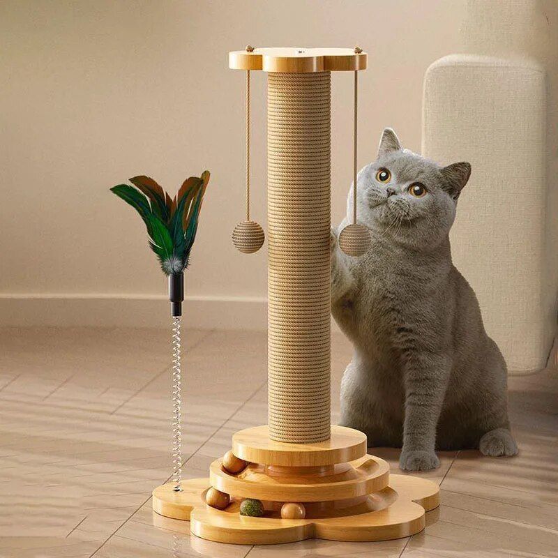 two-tier wooden cat scratching tower, view 4 - MRSLM