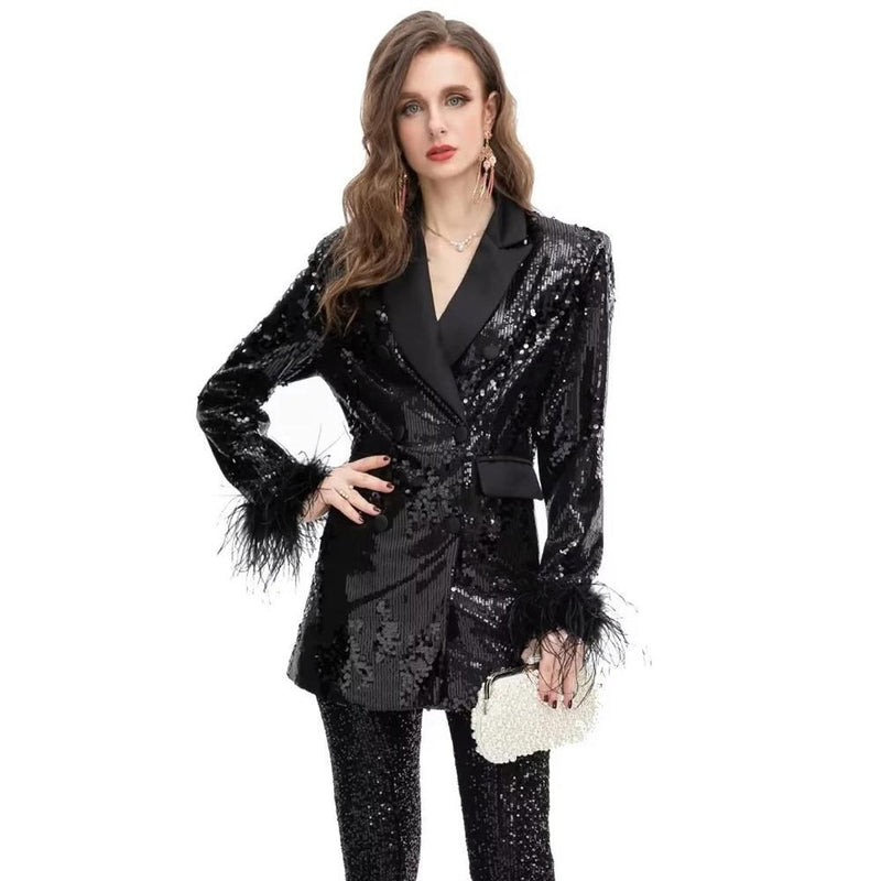feather sequin double-breasted blazer, view 4 - MRSLM