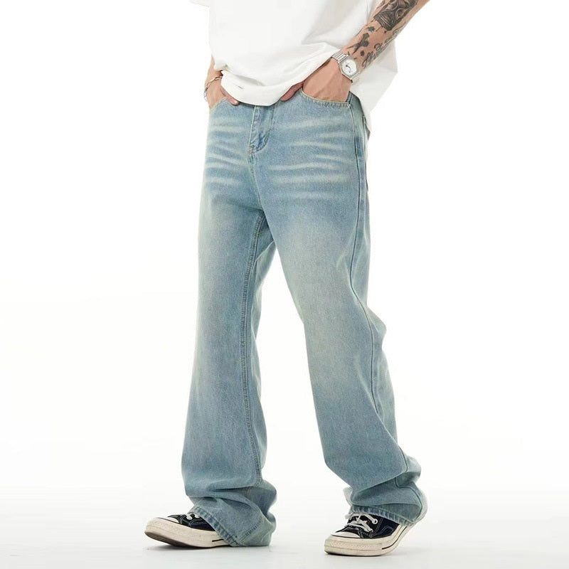 light blue washed loose straight wide leg jeans - MRSLM