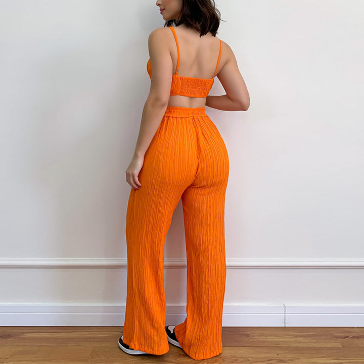 Summer Suit Solid Color Sleeveless Suspender Pleated Fabric Trousers Two-piece Set