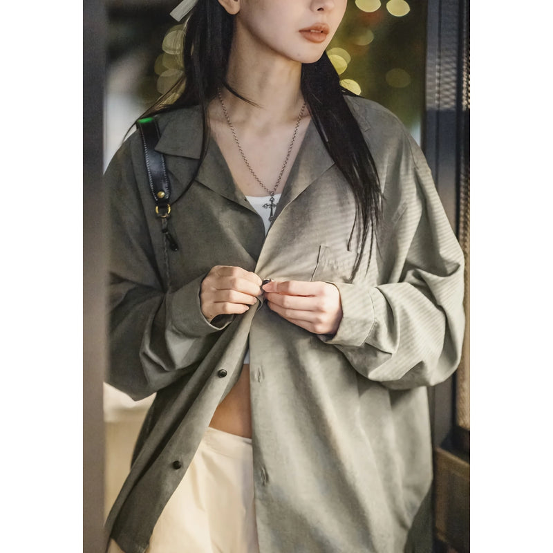retro velvet cuban collar oversized blouse, view 5 - MRSLM