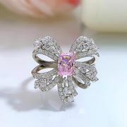 pink bow simulated diamond silver ring, view 2 - MRSLM