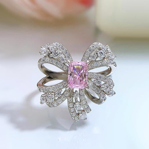 pink bow simulated diamond silver ring, view 2 - MRSLM