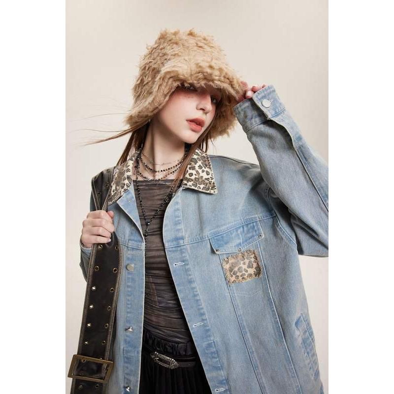 leopard patchwork denim jacket, view 3 - MRSLM