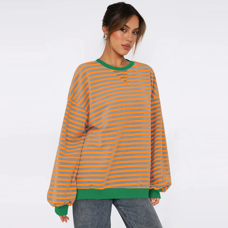 women's patchwork striped loose sweatshirt, view 4 - MRSLM