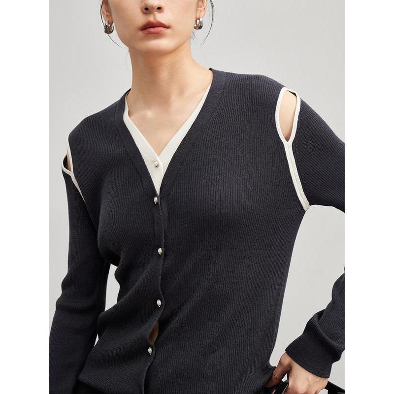 Hollow out shoulder wool blend cardigan, view 6 - MRSLM