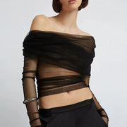 sheer mesh off-shoulder backless t-shirt, view 3 - MRSLM