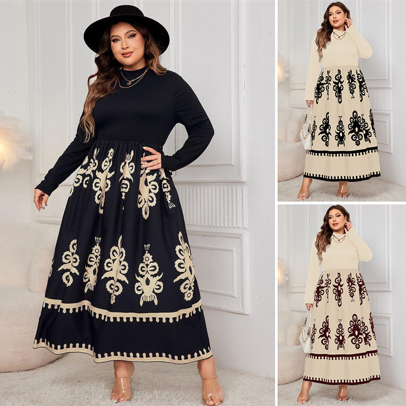 Printed plus size loose long sleeve dress, view 2 - MRSLM
