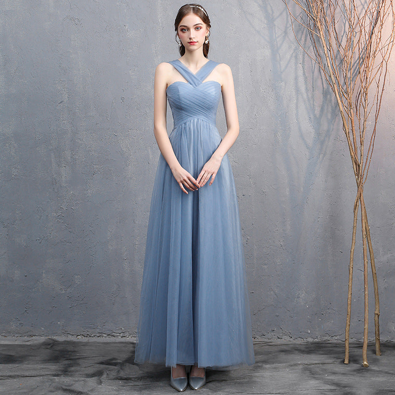 gray-blue off-shoulder banquet dress, view 11 - MRSLM