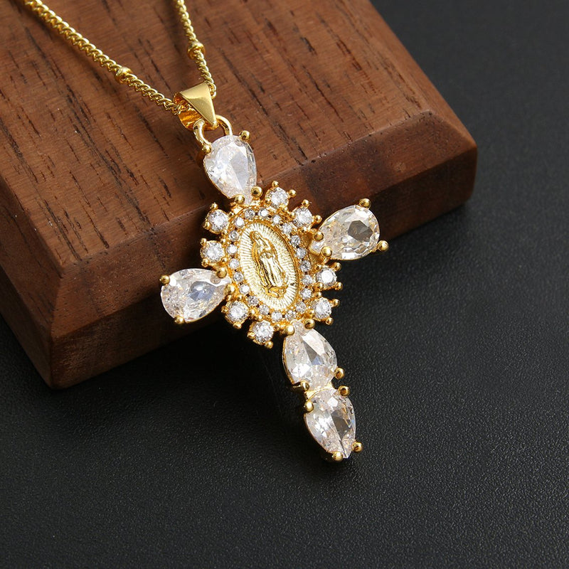 rhinestone cross pendant necklace, view 4 - MRSLM