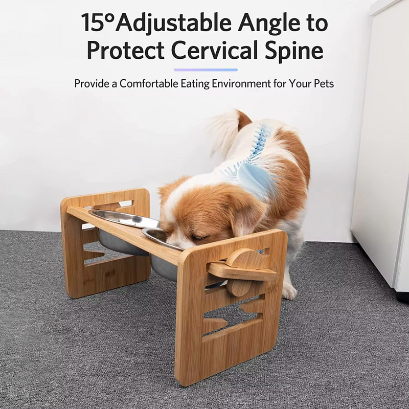 bamboo elevated dog bowls with adjustable stand, view 3 - MRSLM