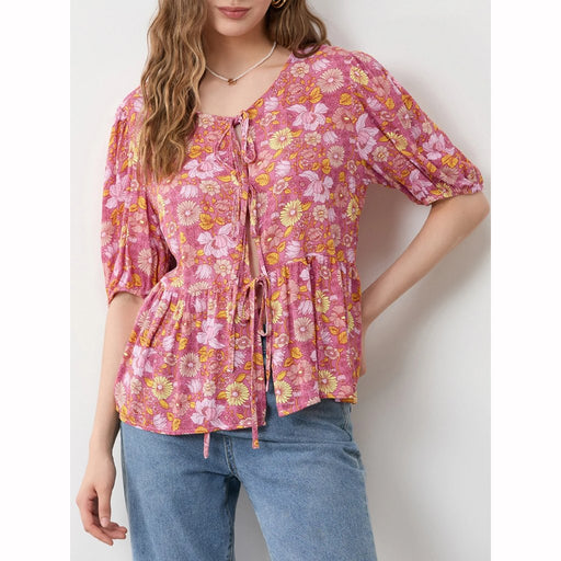 floral lace-up bow V-neck blouse, view 2 - MRSLM