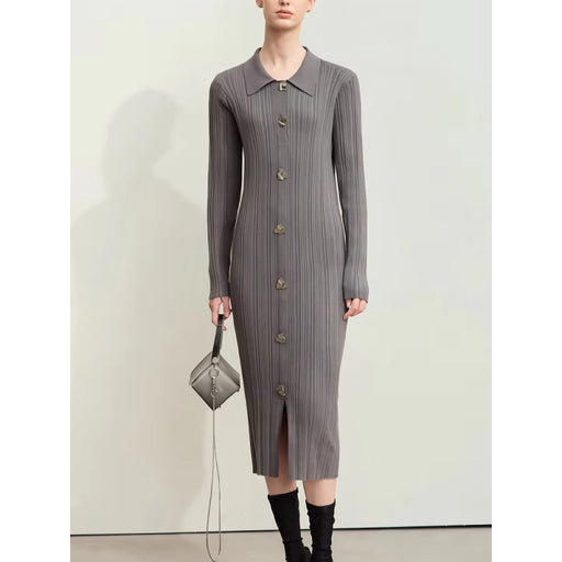retro lapel knitted dress with metal buckle, view 2 - MRSLM