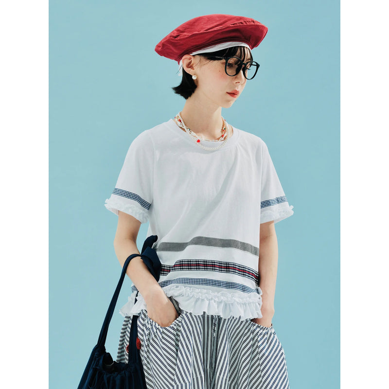 plaid lace color block T-shirt, view 3 - MRSLM