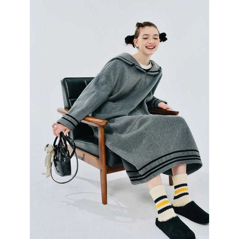 women's gray navy collar pullover coat, view 5 - MRSLM