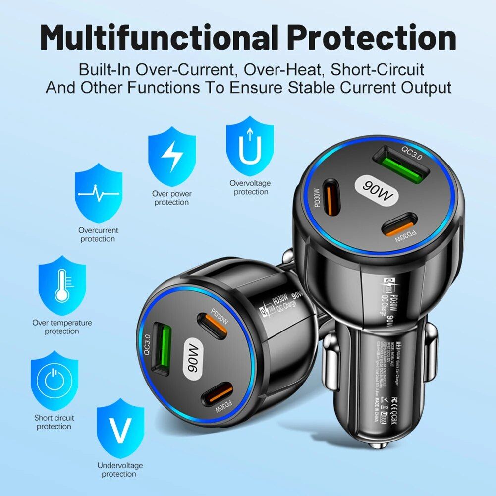 3-Port 90W Fast Car Charger