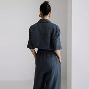 Short sleeve linen jumpsuit with wide pants, view 8 - MRSLM