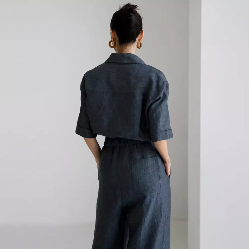 Short sleeve linen jumpsuit with wide pants, view 8 - MRSLM