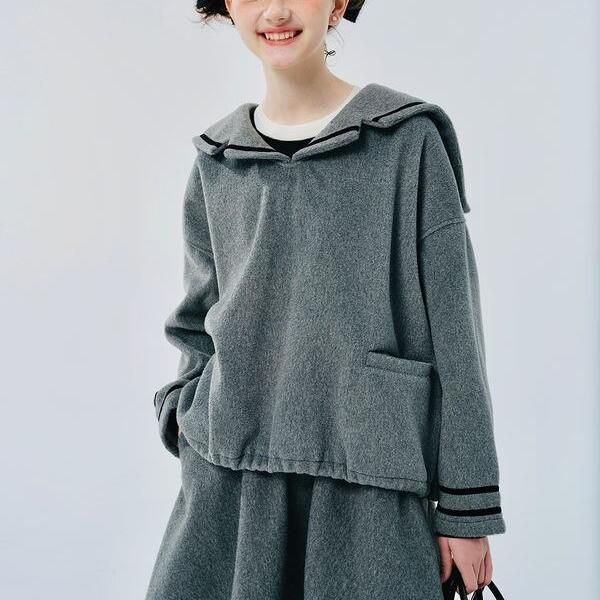 women's gray navy collar pullover coat - MRSLM