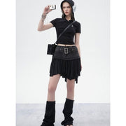 black denim mini skirt with ruffled hem, view 6 - MRSLM