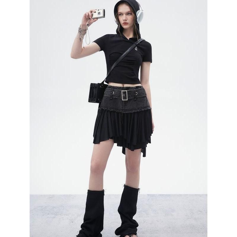 black denim mini skirt with ruffled hem, view 6 - MRSLM