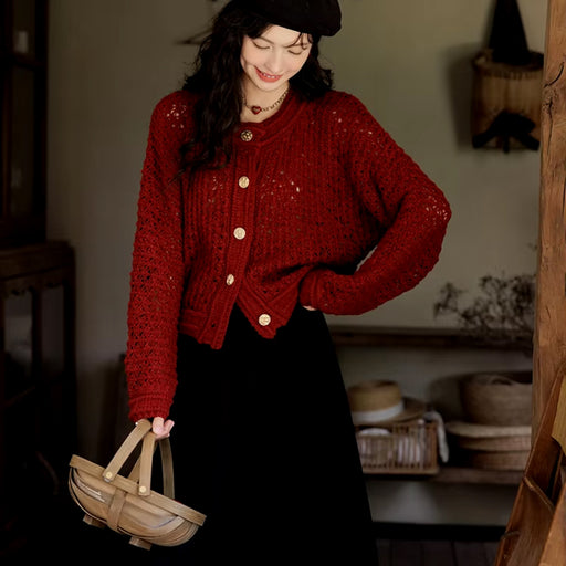 vintage red loose fit knitted cardigan - MRSLM