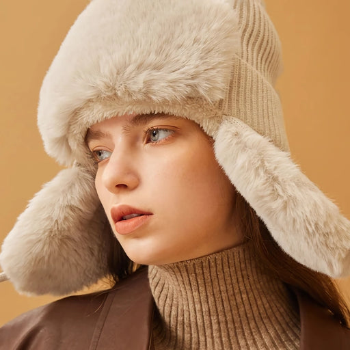 Women's faux fur knitted beanie with earflaps - MRSLM