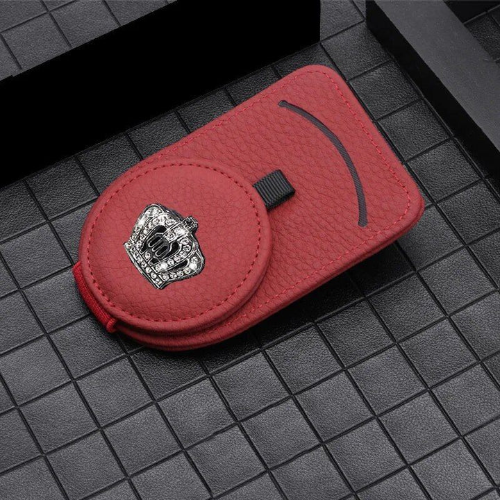 Luxury Leather Car Visor Sunglass and Card Holder with Diamond Crown