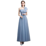 gray-blue off-shoulder banquet dress, view 5 - MRSLM