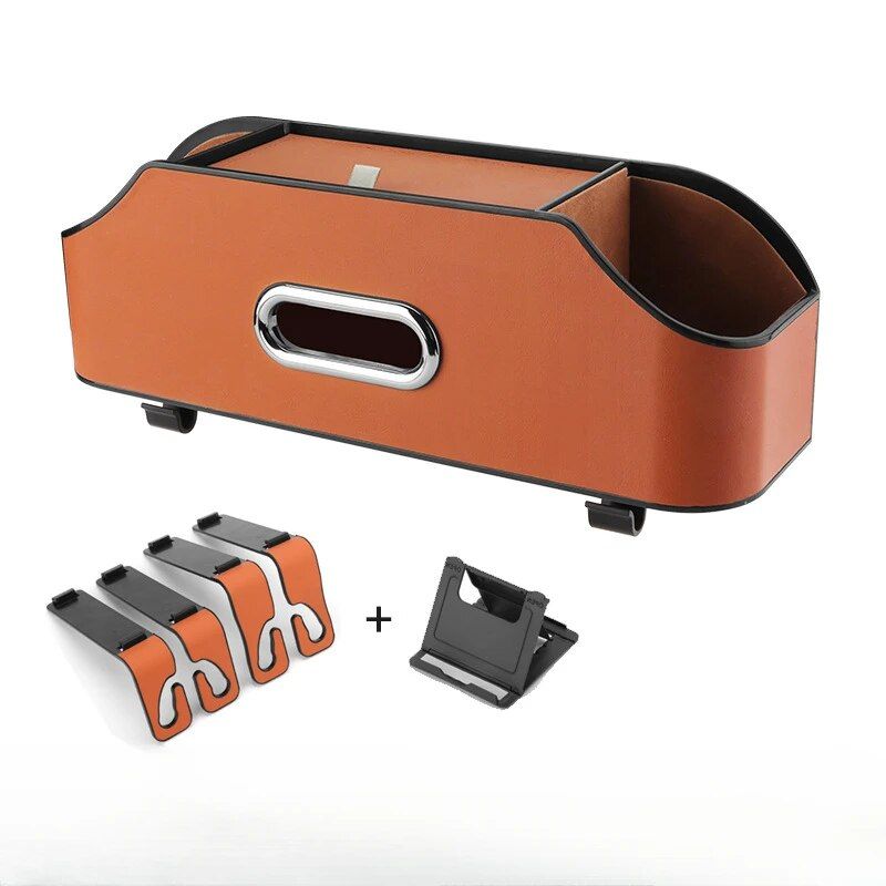 Leather Multi-Use Car Storage Box with Tissue Holder & Phone Stand