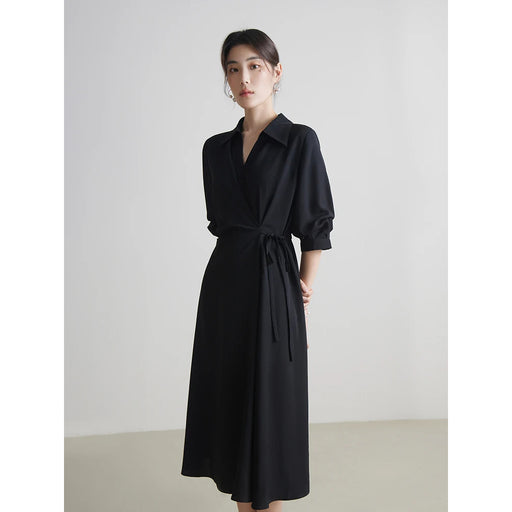 women's drape dress with turn-down collar, view 2 - MRSLM