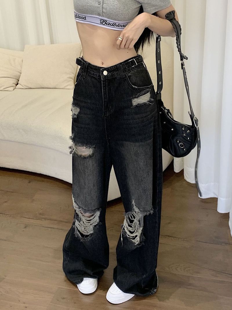 women's black ripped wide-leg jeans, view 10 - MRSLM