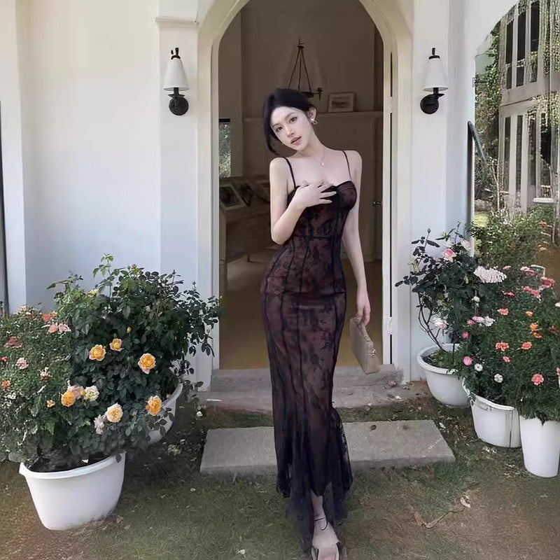Lace strap fishtail long dress - MRSLM